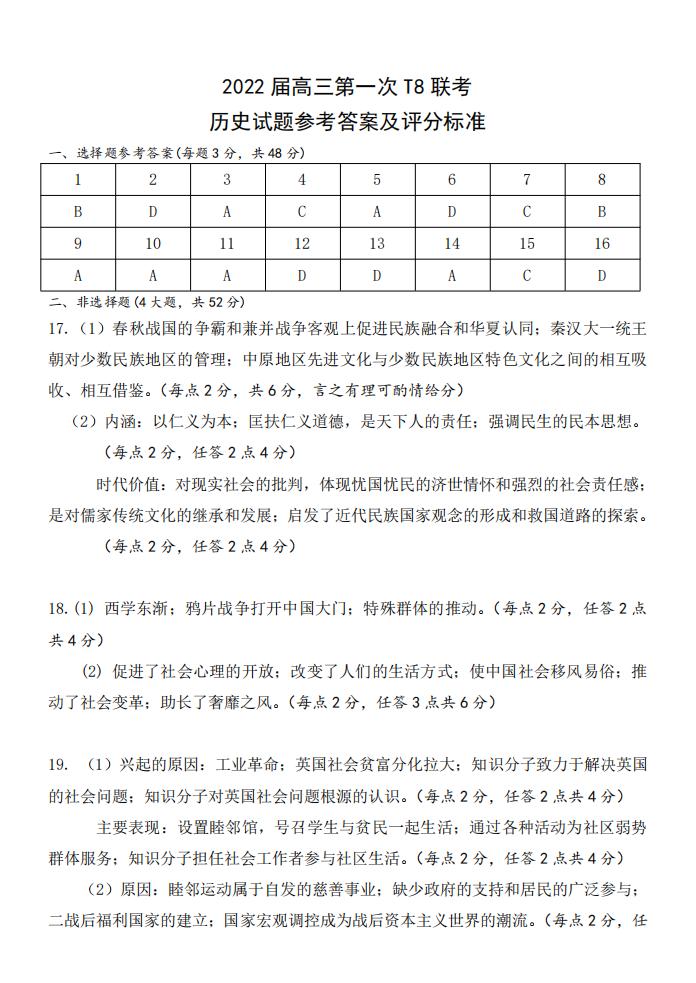 2022年八省联考(T8联考)汗青试卷及谜底第一页