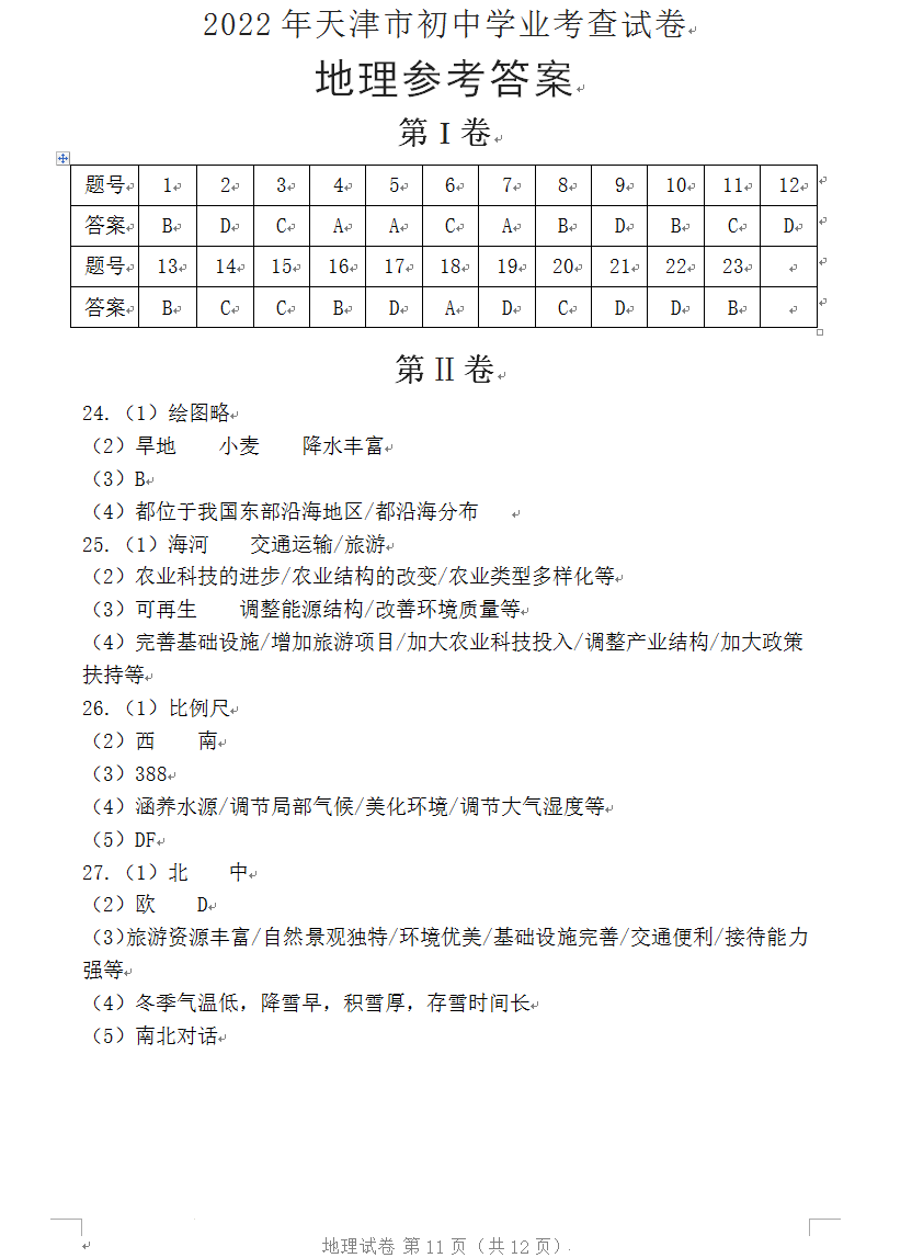 2023年天津市中考地舆试卷真题及谜底