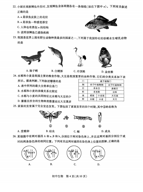 2023年姑苏市中考生物试卷真题及谜底