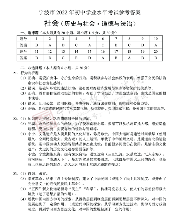 2023年宁波市中考社会试卷真题及谜底