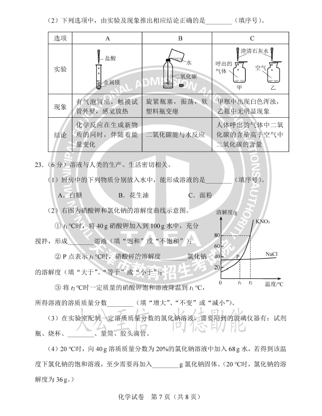 2023年天津中考化学试卷真题及谜底