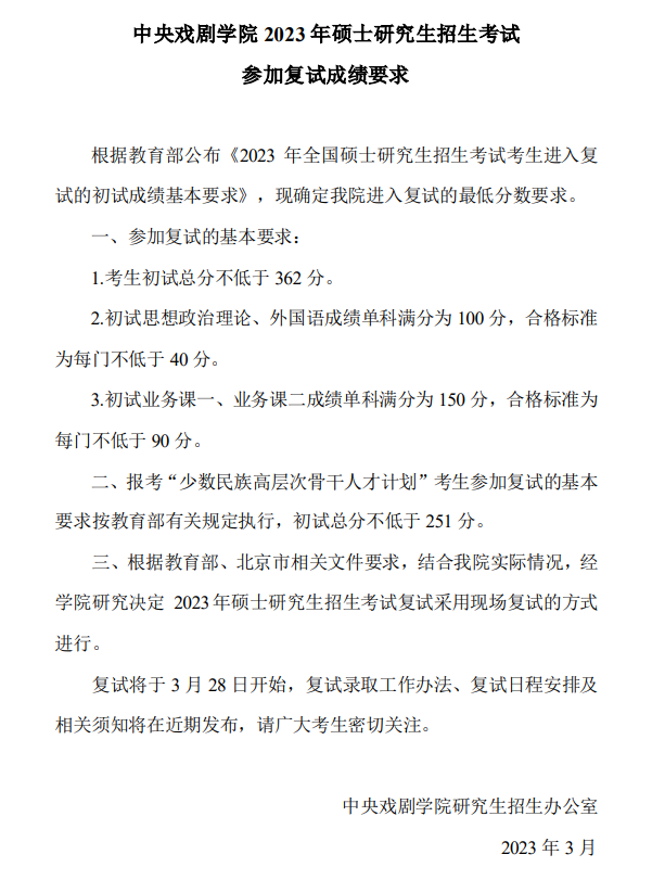 2024年中心戏剧学院研讨生分数线一览表（含2023年积年）