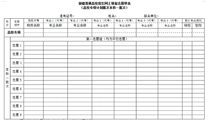 2024年新疆高考自愿表填写样本（附填报时候和进口）