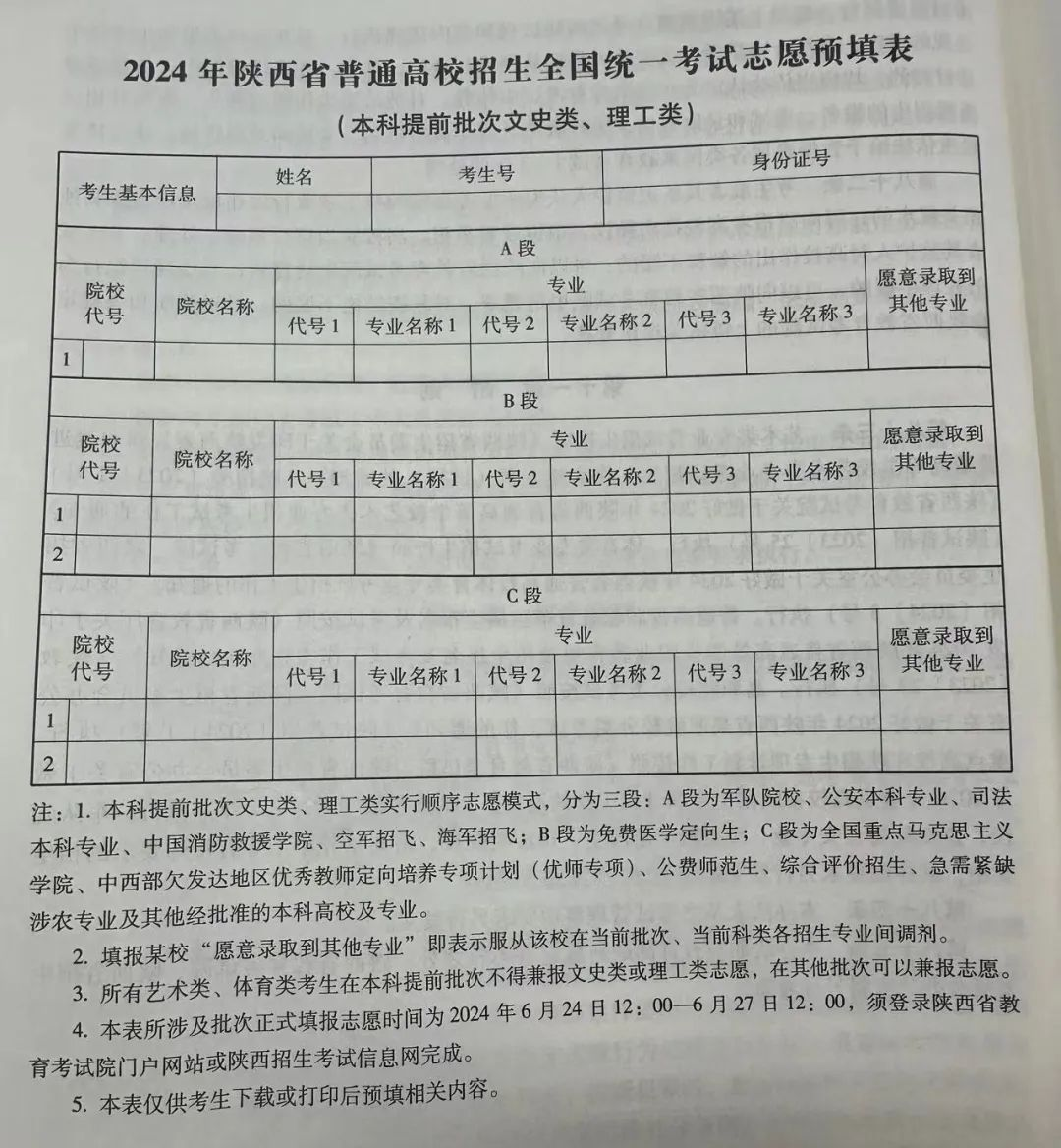 2024年陕西高考自愿表填写样本（附填报时候和进口）