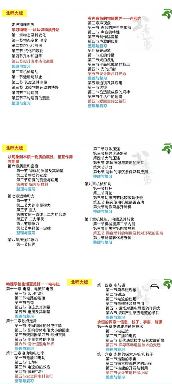 2024年秋北师大版八年级物理新讲义有哪些修改变更（附新讲义目次）