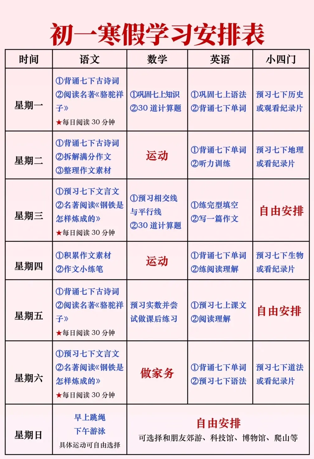 简略适用的月朔寒假进修打算表,七年级寒假作息时候表