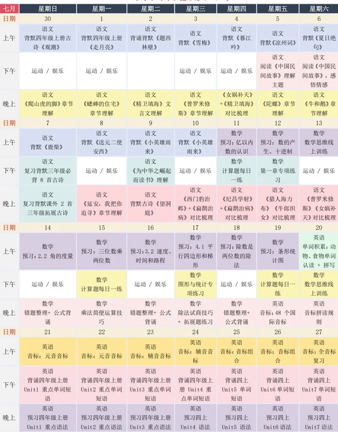 三升四寒假进修打算表,四年级小先生寒假作息时候表